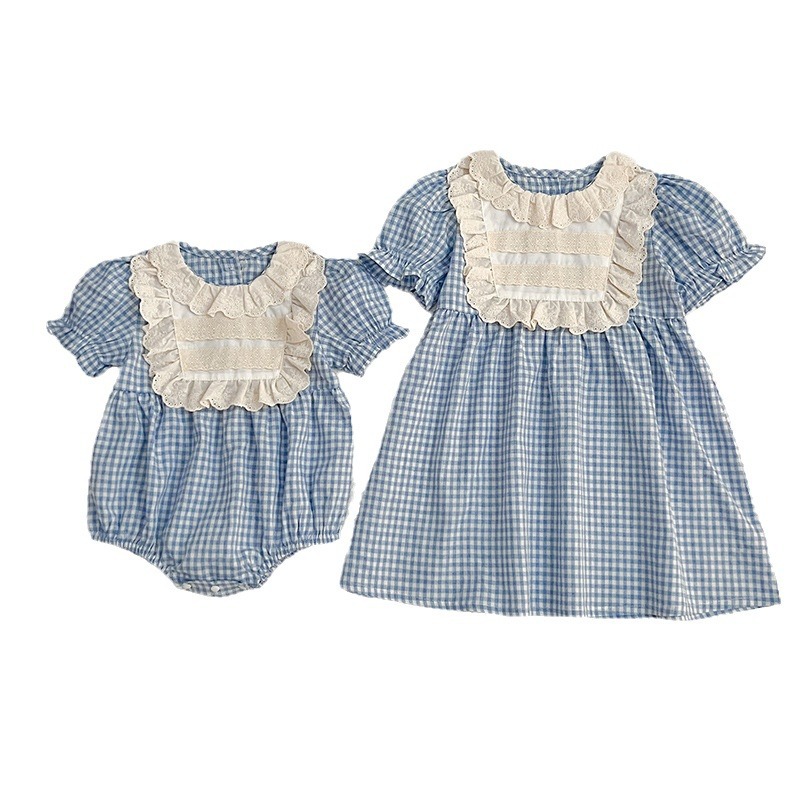 Plaid Lace Collar Baby Girl Sisters Dress - Image 5
