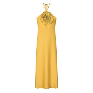 Women’s Yellow Rhinestone Halter Evening Dress
