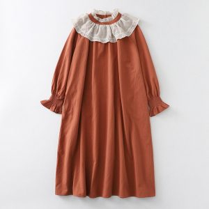 Women's Lotus Leaf Lace Collar Cotton Long-sleeved Dress