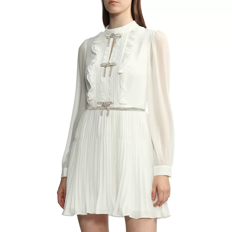 Women’s White Chiffon Pleated Elegant Long Sleeve Dress