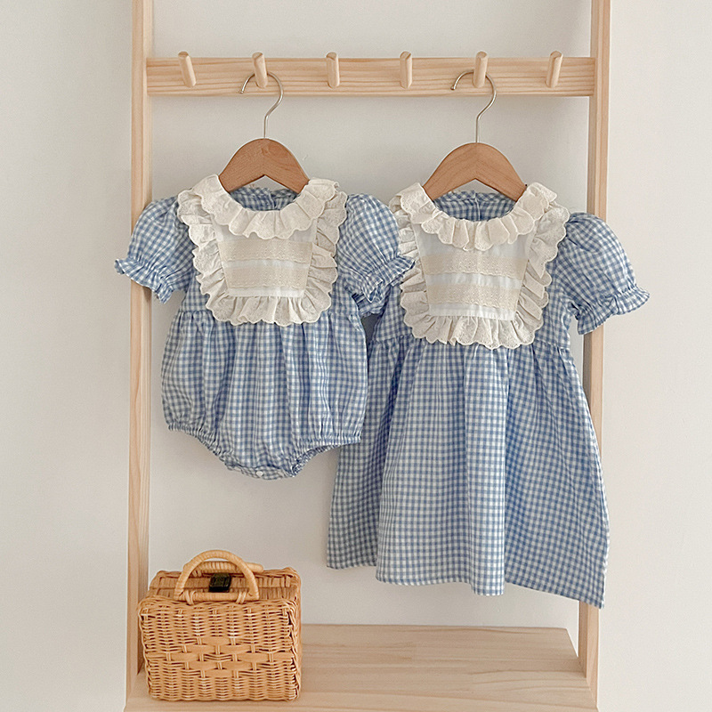 Plaid Lace Collar Baby Girl Sisters Dress - Image 2