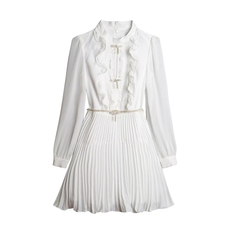 Women’s White Chiffon Pleated Elegant Long Sleeve Dress - Image 3
