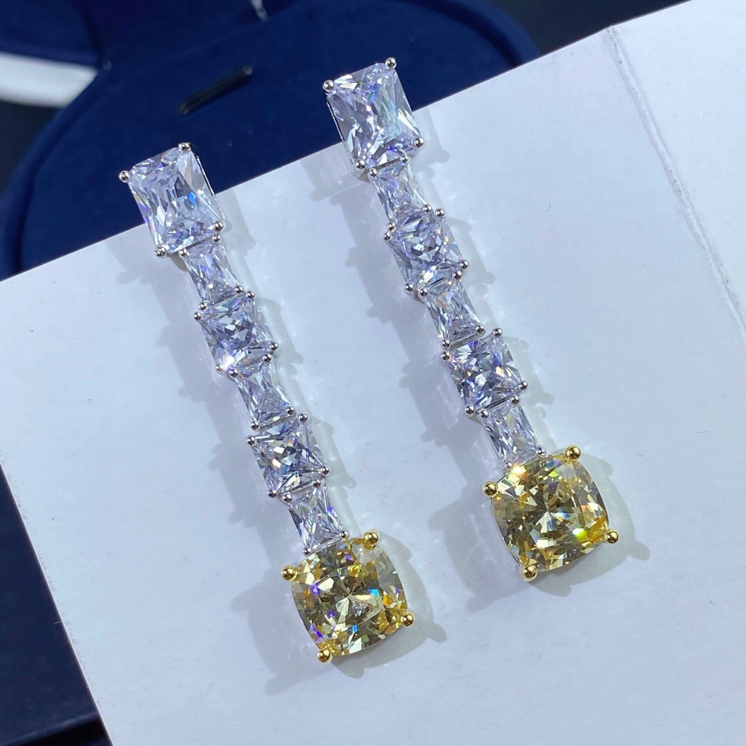 Radiant Trapezoidal Yellow Diamond Zircon Earrings – Sterling Silver Luxury Drop Earrings
