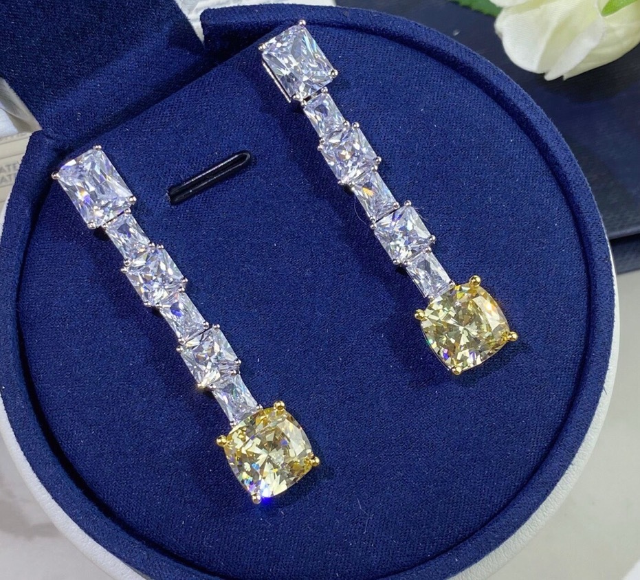 Radiant Trapezoidal Yellow Diamond Zircon Earrings – Sterling Silver Luxury Drop Earrings - Image 3
