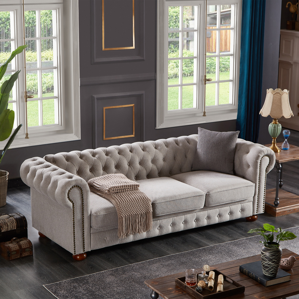 Chesterfield sofa in linen fabric (Light Grey) - Image 6