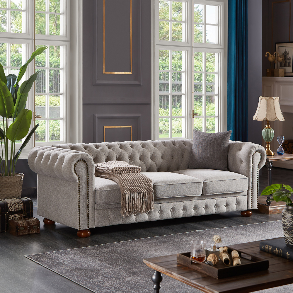 Chesterfield sofa in linen fabric (Light Grey) - Image 9