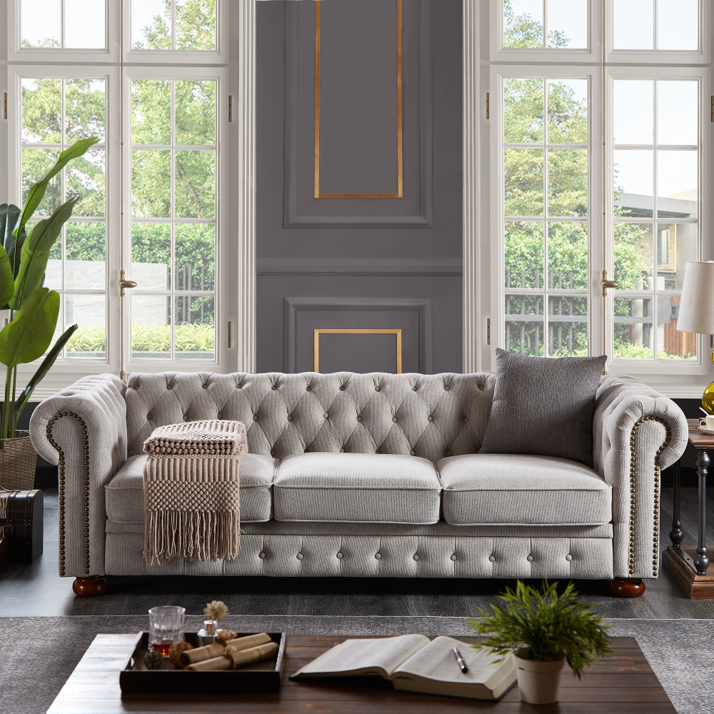 Chesterfield sofa in linen fabric (Light Grey) - Image 4