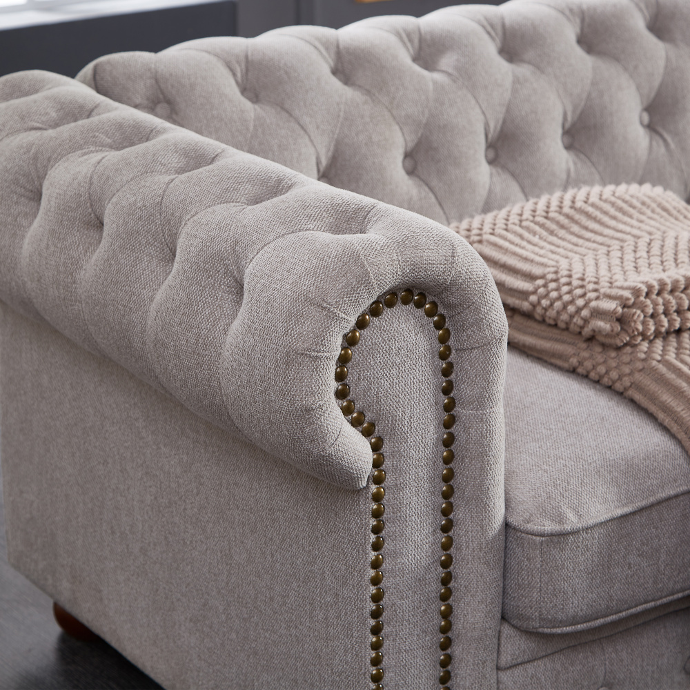 Chesterfield sofa in linen fabric (Light Grey) - Image 5