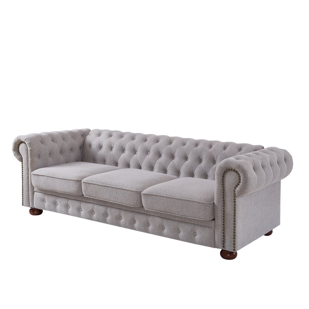 Chesterfield sofa in linen fabric (Light Grey) - Image 2