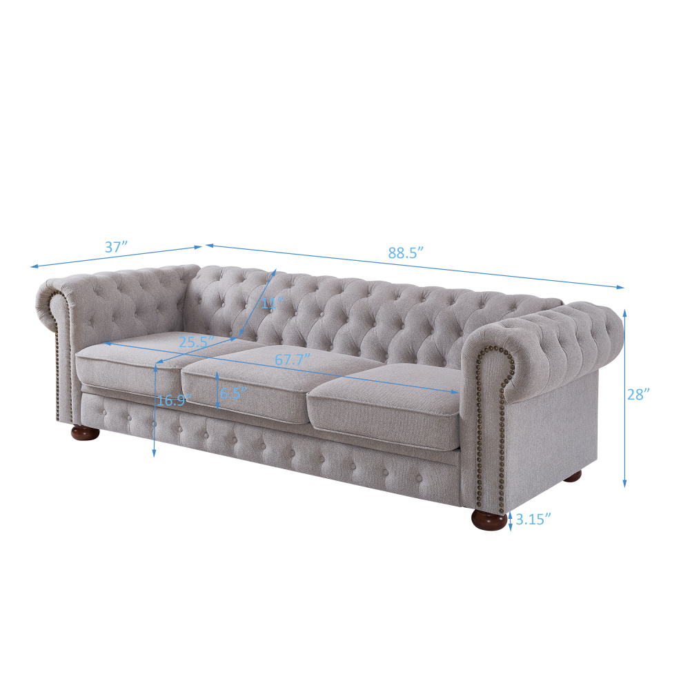 Chesterfield sofa in linen fabric (Light Grey) - Image 3