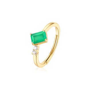 Sterling Silver Green Agate Square Ring Female 9K Gold Plated