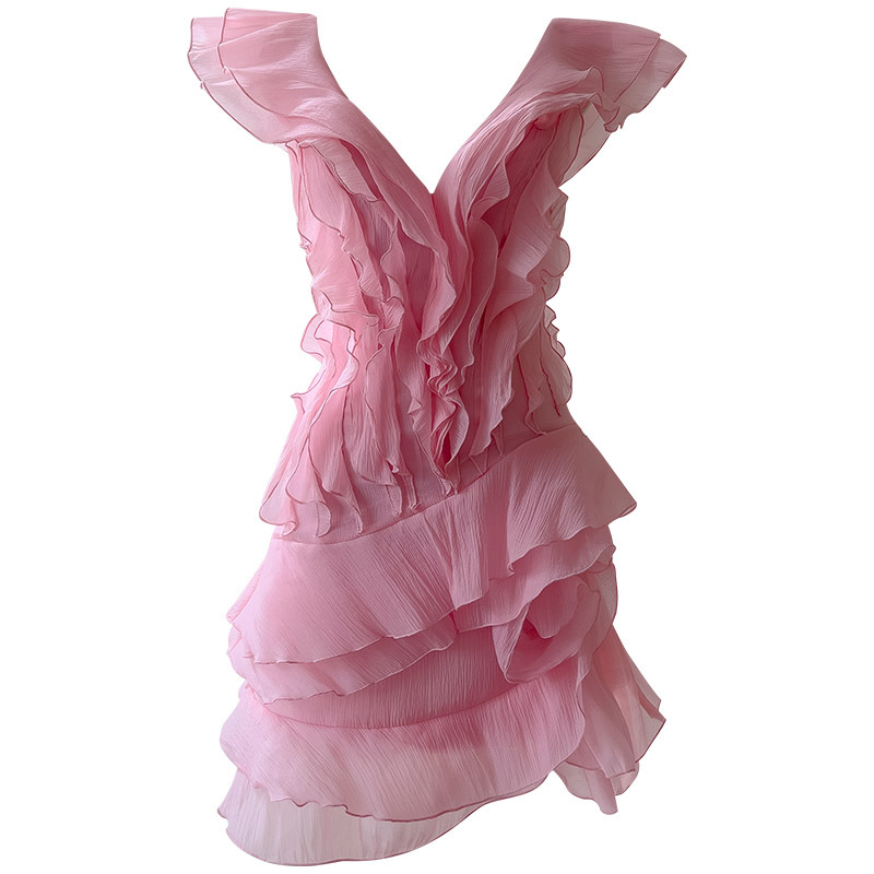 French Light Luxury V-Neck Ruffle Waist Slim-Fit Dress
