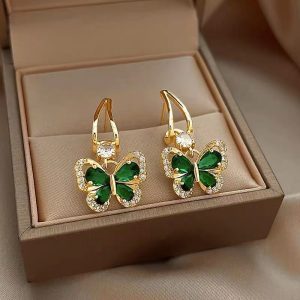 S925 Silver Retro Grandmother Green Crystal Butterfly Women's Luxury Earrings